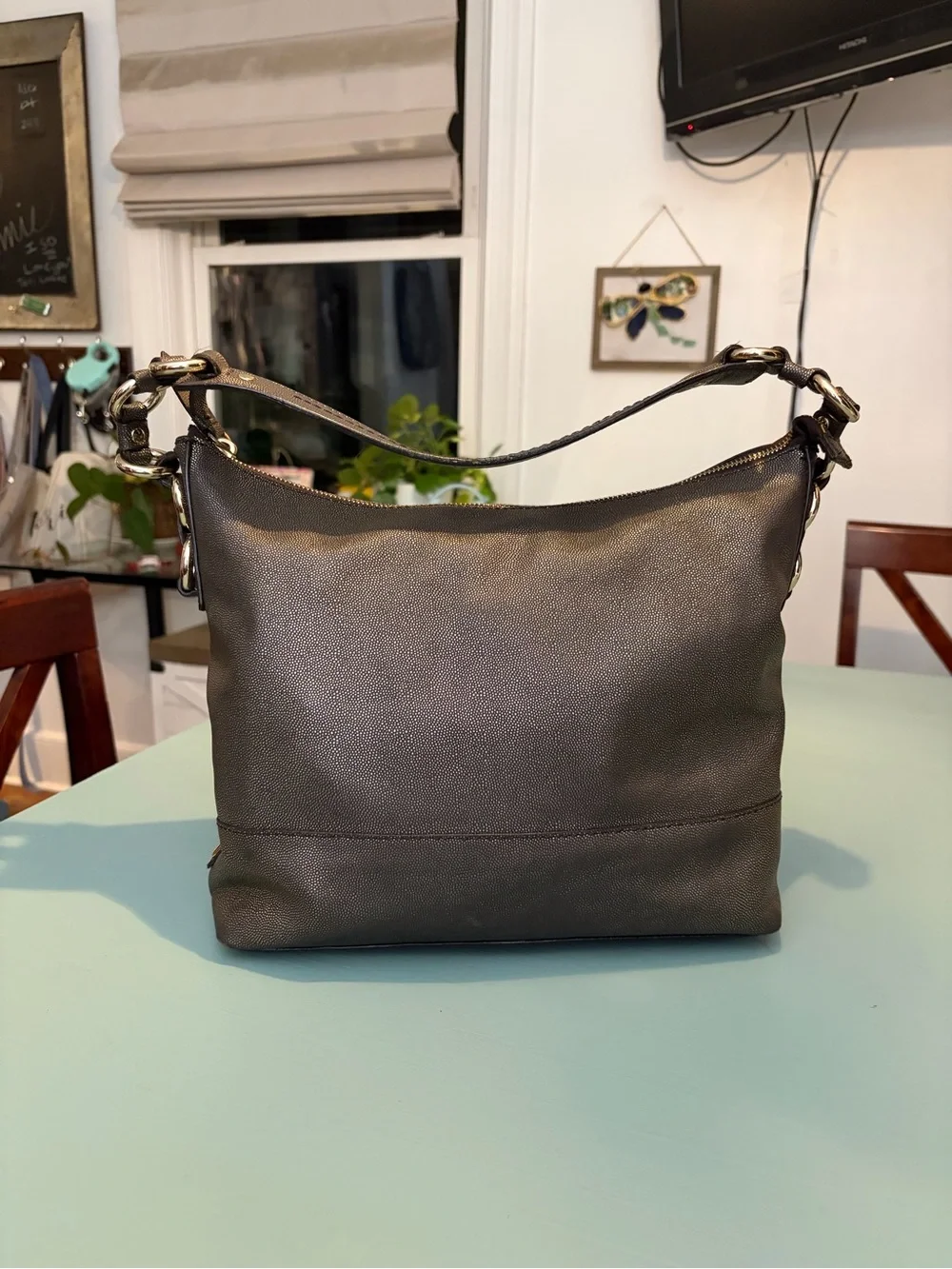 Cole Haan Metallic Charcoal Leather Hobo Shoulder Bag Ring Hardware